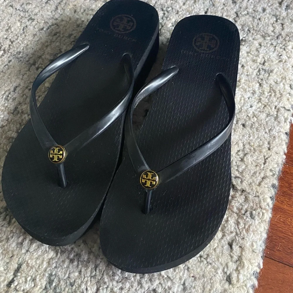 Tory Burch Black Flip Flop Sandals with Gold Logo